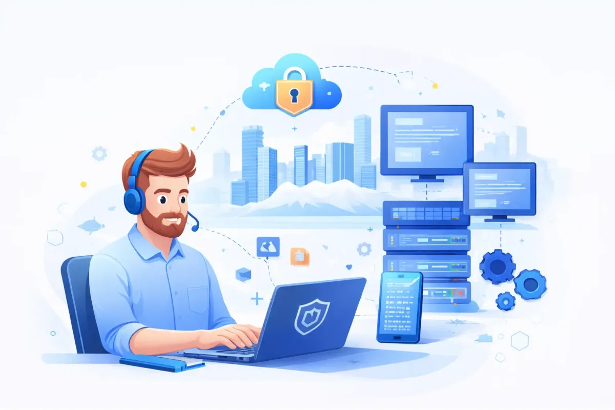 Modern IT consultant working on a laptop with cloud security and server elements